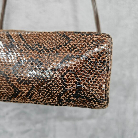 Basix New York Snake Print Textured Leather Shoulder Bag Brown Black Beads Strap - Picture 7 of 14
